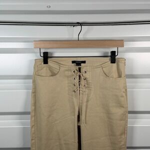 Forever 21 Womens Lace Up Front Flare Pants Tan Khaki Twill Mid Rise Size Medium